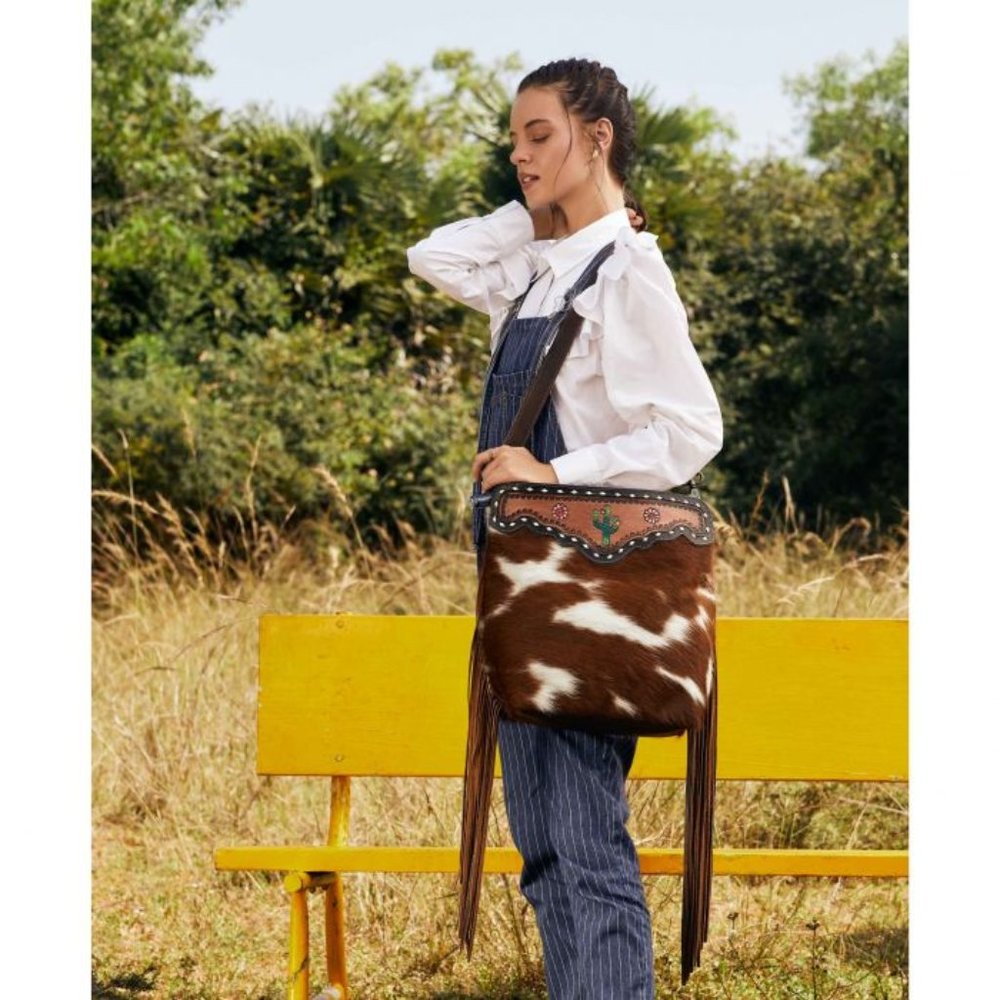 Myra Bag Cutesy Cactus Hand - Tooled Oversized Fringe Hair On Bag